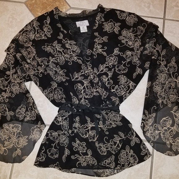 Ann Taylor Loft Tops - 100% Silk, Sheer Black/Tan Wrap Top w/ Scarf Arms